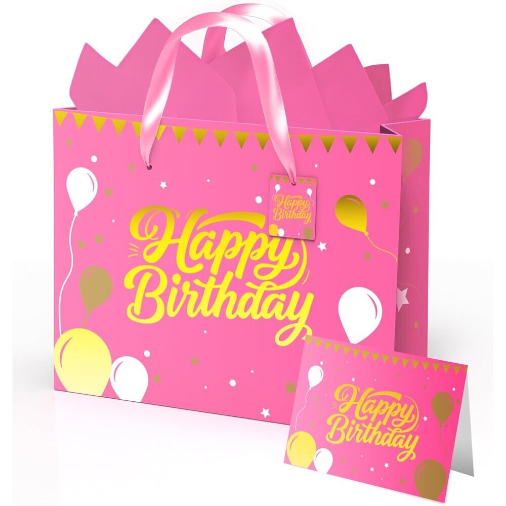 12.5 Inch Foil Stamped Pink Gift Bag with Card & Tissue Paper for Birthdays